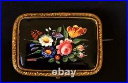 Victorian Hand Painted Enamel Floral Painting Glass Brooch Repousse Watch Pin