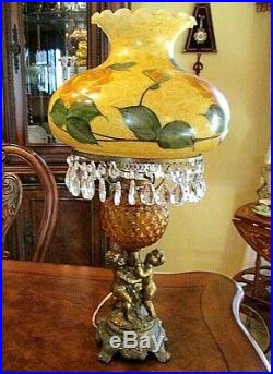 Victorian Hand Painted Globe Crystal Lamp With Amber & Cherubs On Base