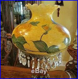 Victorian Hand Painted Globe Crystal Lamp With Amber & Cherubs On Base