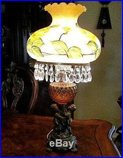 Victorian Hand Painted Globe Crystal Lamp With Amber & Cherubs On Base