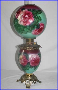 Victorian Hand Painted Gone with the Wind Oil Lamp with ROSES RARE 12 Shade