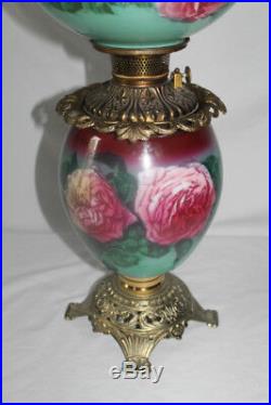 Victorian Hand Painted Gone with the Wind Oil Lamp with ROSES RARE 12 Shade