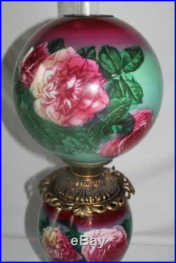 Victorian Hand Painted Gone with the Wind Oil Lamp with ROSES RARE 12 Shade