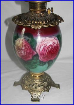 Victorian Hand Painted Gone with the Wind Oil Lamp with ROSES RARE 12 Shade