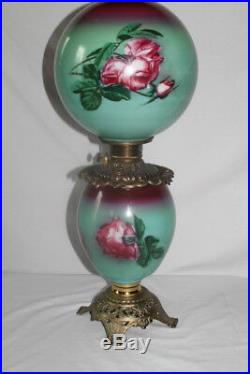 Victorian Hand Painted Gone with the Wind Oil Lamp with ROSES RARE 12 Shade