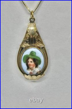 Victorian Hand Painted Green Hat Vagabond Boy Portrait Gilt Pendant Necklace 18
