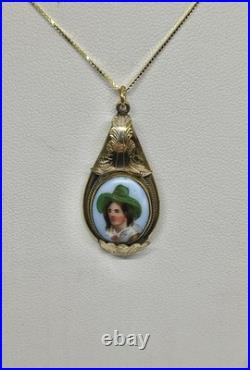 Victorian Hand Painted Green Hat Vagabond Boy Portrait Gilt Pendant Necklace 18