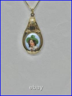Victorian Hand Painted Green Hat Vagabond Boy Portrait Gilt Pendant Necklace 18