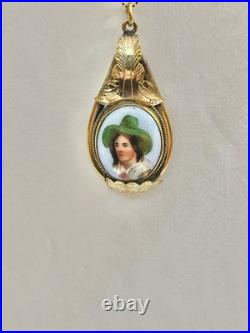 Victorian Hand Painted Green Hat Vagabond Boy Portrait Gilt Pendant Necklace 18