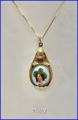 Victorian Hand Painted Green Hat Vagabond Boy Portrait Gilt Pendant Necklace 18