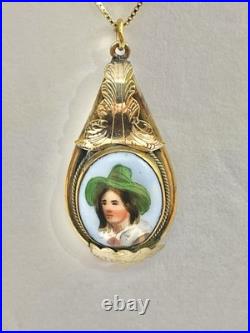Victorian Hand Painted Green Hat Vagabond Boy Portrait Gilt Pendant Necklace 18