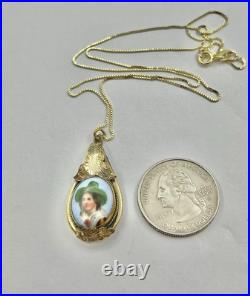 Victorian Hand Painted Green Hat Vagabond Boy Portrait Gilt Pendant Necklace 18