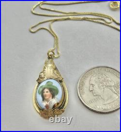 Victorian Hand Painted Green Hat Vagabond Boy Portrait Gilt Pendant Necklace 18