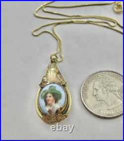 Victorian Hand Painted Green Hat Vagabond Boy Portrait Gilt Pendant Necklace 18