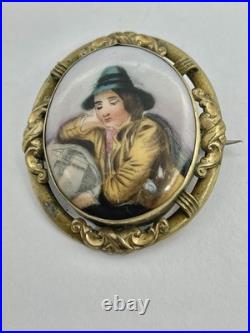 Victorian Hand Painted Green Hat Vagabond Boy Portrait on Porcelain Brooch
