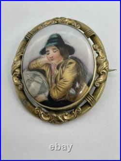 Victorian Hand Painted Green Hat Vagabond Boy Portrait on Porcelain Brooch