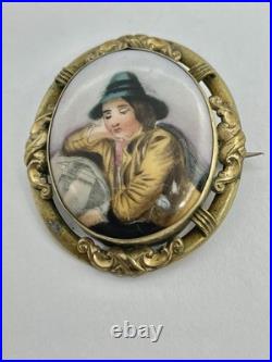 Victorian Hand Painted Green Hat Vagabond Boy Portrait on Porcelain Brooch