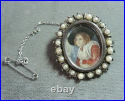 Victorian Hand Painted Miniature Cameo St Silver Pin Seed Pearls Brooch Cg 103