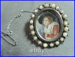 Victorian Hand Painted Miniature Cameo St Silver Pin Seed Pearls Brooch Cg 103