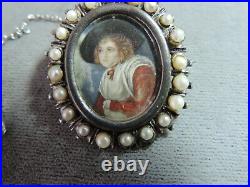 Victorian Hand Painted Miniature Cameo St Silver Pin Seed Pearls Brooch Cg 103