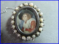 Victorian Hand Painted Miniature Cameo St Silver Pin Seed Pearls Brooch Cg 103