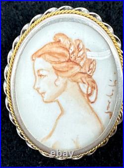 Victorian Hand Painted Miniature Portrait Continental Silver Cameo Brooch Signed