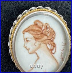 Victorian Hand Painted Miniature Portrait Continental Silver Cameo Brooch Signed