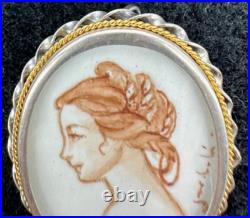 Victorian Hand Painted Miniature Portrait Continental Silver Cameo Brooch Signed