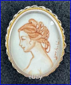 Victorian Hand Painted Miniature Portrait Continental Silver Cameo Brooch Signed