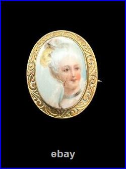 Victorian Hand Painted Miniature Portrait Porcelain Gold Fill Brooch