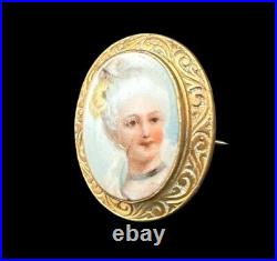 Victorian Hand Painted Miniature Portrait Porcelain Gold Fill Brooch