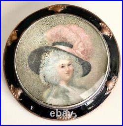 Victorian Hand Painted My Fair Lady Mini Portrait Black Enamel Glass Brooch L1