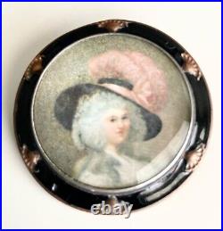 Victorian Hand Painted My Fair Lady Mini Portrait Black Enamel Glass Brooch L1