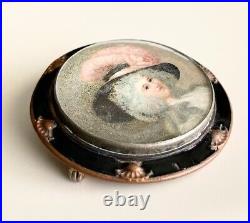 Victorian Hand Painted My Fair Lady Mini Portrait Black Enamel Glass Brooch L1