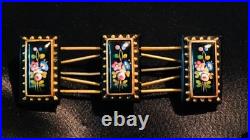 Victorian Hand Painted Onyx Rose Lily Gold Floral Large Brooch Pin
