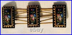 Victorian Hand Painted Onyx Rose Lily Gold Floral Large Brooch Pin