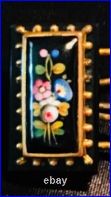Victorian Hand Painted Onyx Rose Lily Gold Floral Large Brooch Pin