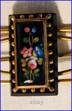 Victorian Hand Painted Onyx Rose Lily Gold Floral Large Brooch Pin