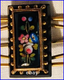 Victorian Hand Painted Onyx Rose Lily Gold Floral Large Brooch Pin