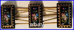 Victorian Hand Painted Onyx Rose Lily Gold Floral Large Brooch Pin