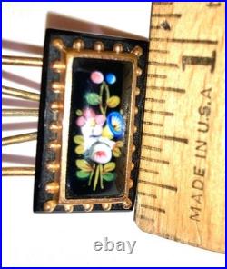 Victorian Hand Painted Onyx Rose Lily Gold Floral Large Brooch Pin