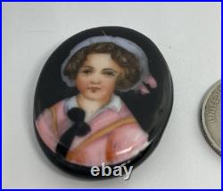 Victorian Hand Painted Porcelain Adorable Portrait on Glass on Whitby Jet Back