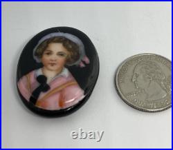 Victorian Hand Painted Porcelain Adorable Portrait on Glass on Whitby Jet Back