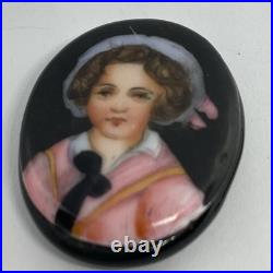 Victorian Hand Painted Porcelain Adorable Portrait on Glass on Whitby Jet Back