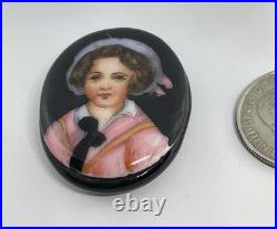 Victorian Hand Painted Porcelain Adorable Portrait on Glass on Whitby Jet Back