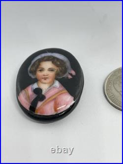 Victorian Hand Painted Porcelain Adorable Portrait on Glass on Whitby Jet Back