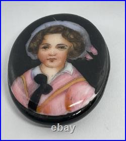 Victorian Hand Painted Porcelain Adorable Portrait on Glass on Whitby Jet Back