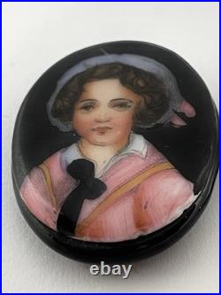 Victorian Hand Painted Porcelain Adorable Portrait on Glass on Whitby Jet Back