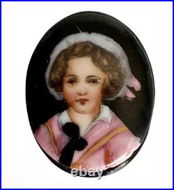 Victorian Hand Painted Porcelain Adorable Portrait on Glass on Whitby Jet Back