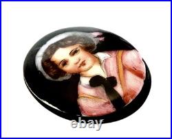 Victorian Hand Painted Porcelain Adorable Portrait on Glass on Whitby Jet Back